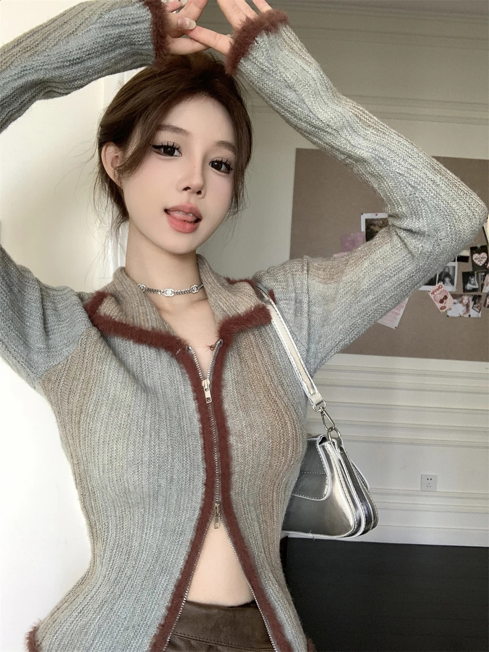 Casual contrasting color cardigan womens autumn long sleeved zipper knitted top with collar n open front sweater 240819