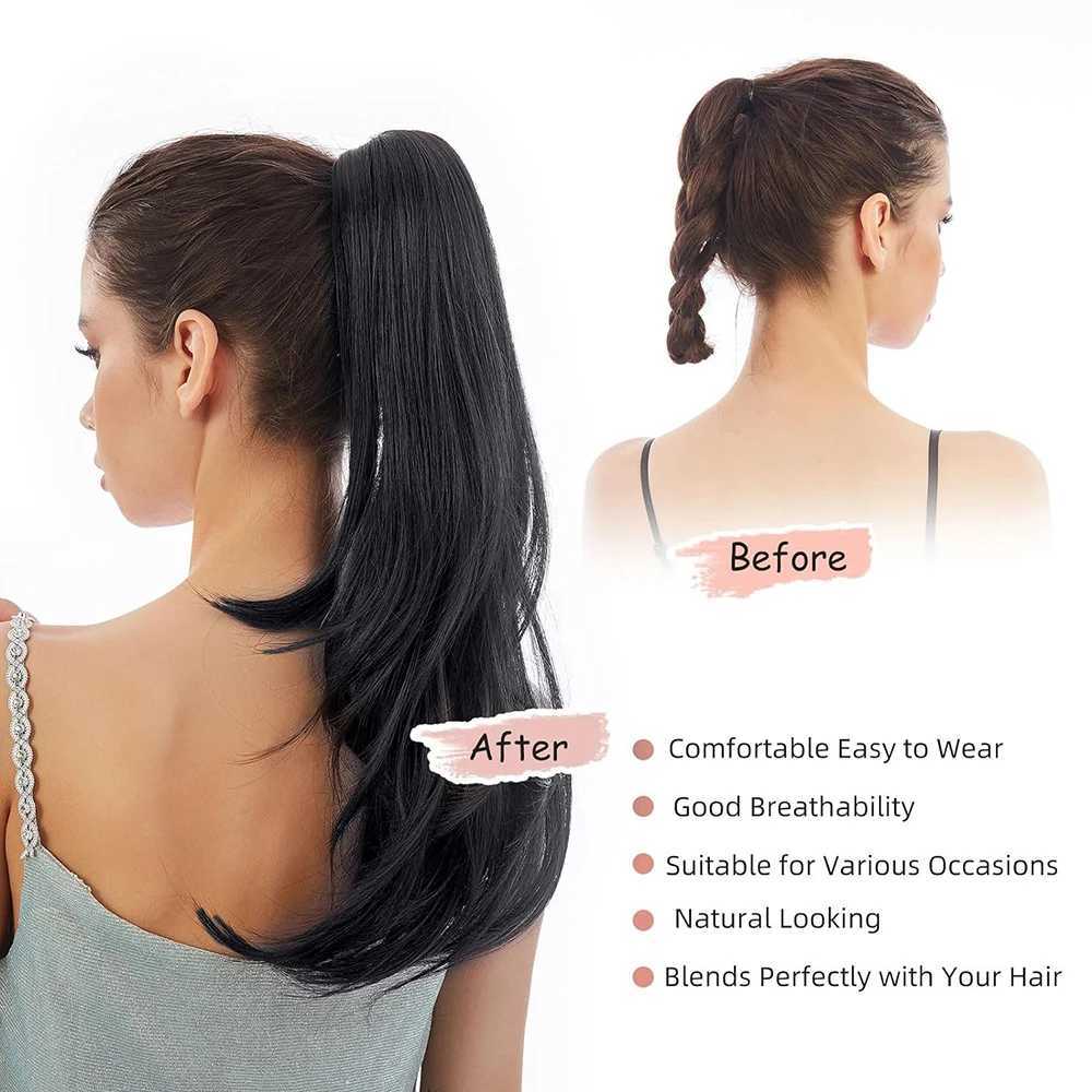 Synthetic wig wave extended ponytail 22 long claw straight hair black hair womens clip for daily party use W240817