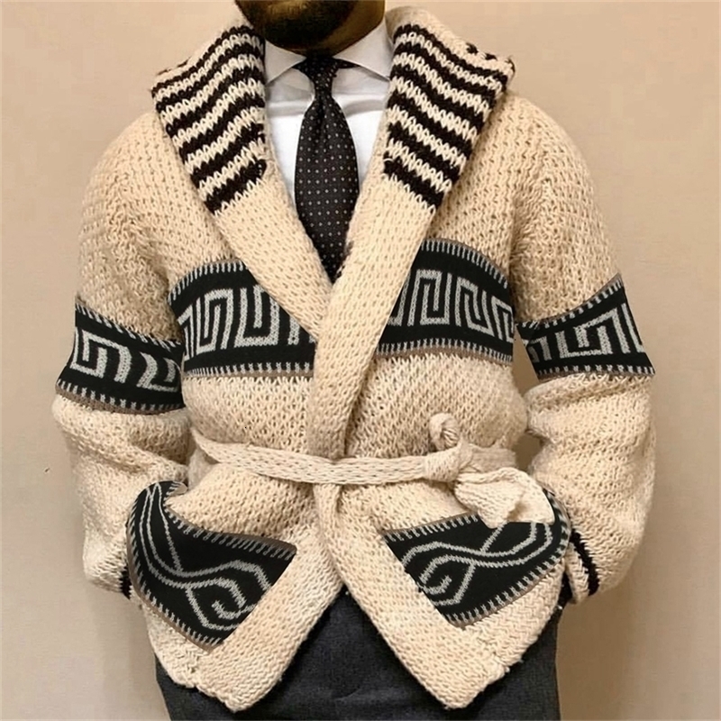 Fashion Mens Warm Sweater Cardigan Autumn Winter Retro Jacquard Knitted Sweater Male Thick Lace-Up Waist Cardigan Sweater Coats 240819