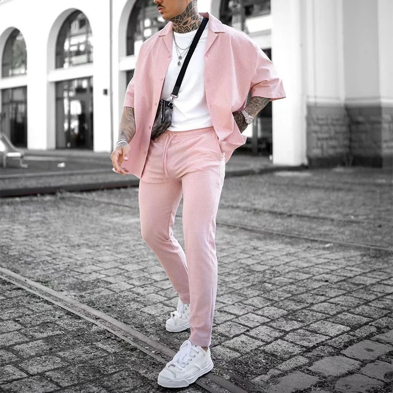 Summer Mens Hip Hop Outfits Short Sleeve Lapel Cardigans And Solid Color Pants Two Piece Suits Men Streetwear Fashion Pink Sets 240819