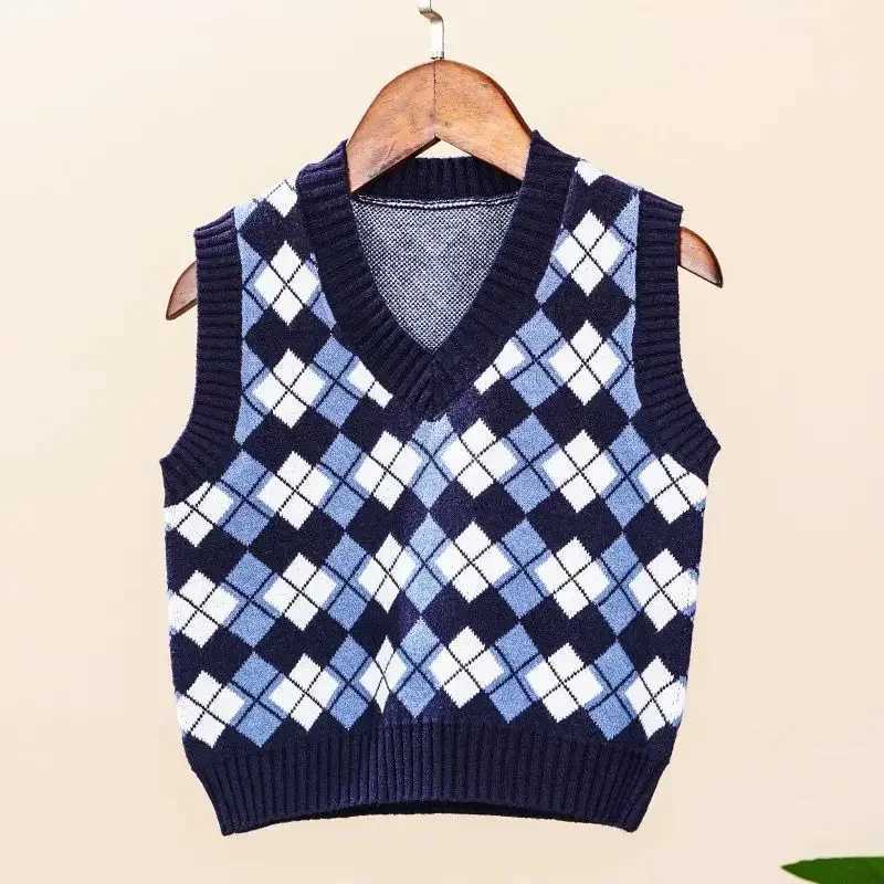 Kids Boys Girls Knitted Vest 2024 New Fashion British College Style Vest Diamond Printed Sweaters Sleeveless Outwear Cotton TopsXJ240819