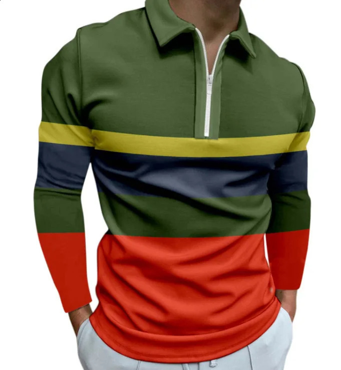 Mens Casual 3D Digital Printed Zipper Polo Shirt Fashion Solid Color Plus Size Series Lapel Long Sleeve 240820