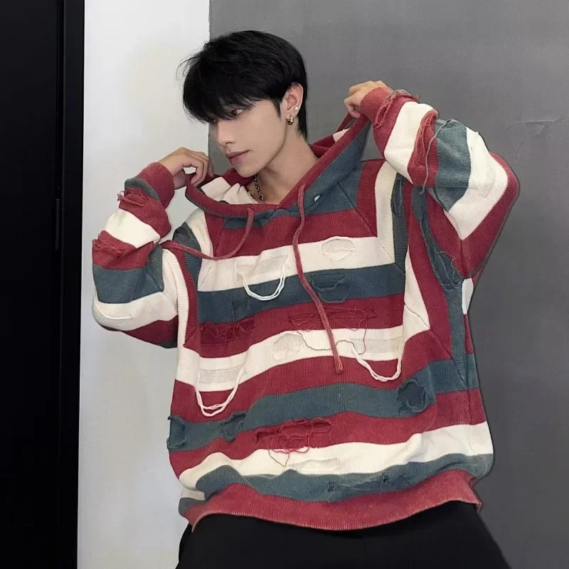 American style retro Distressed Striped knit hooded sweater for womens casual niche pullover 240819