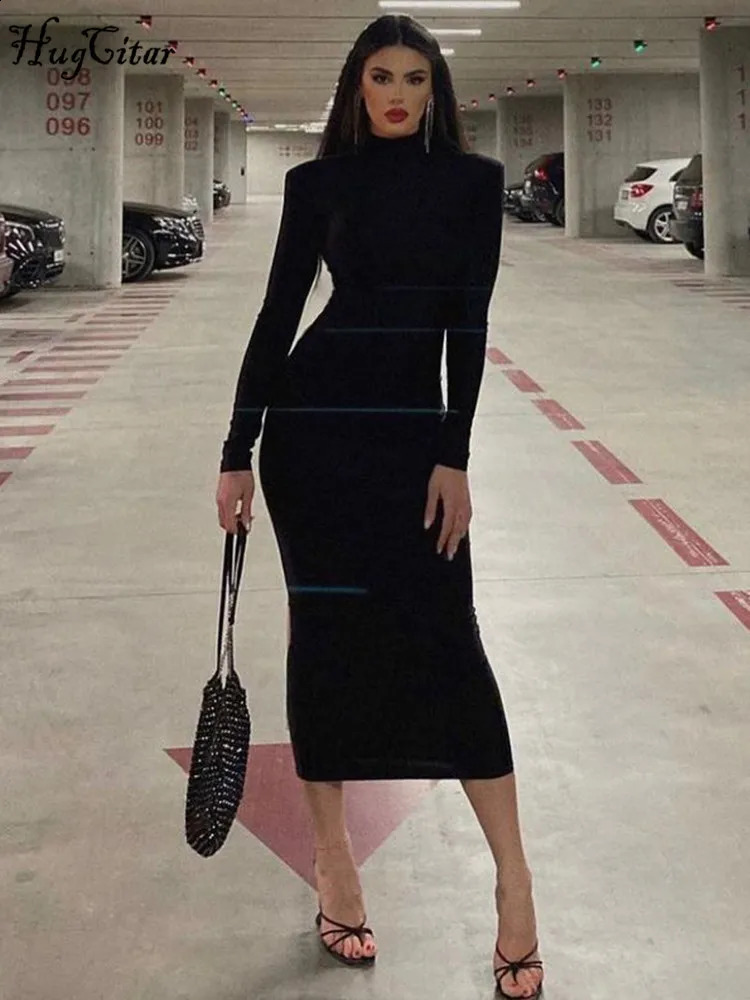 Hugcitar Women Fashion Turtleneck Long Sleeves Black Sexy Bodycon Maxi Prom Dress Fall Casual Streetwear Halloween Costumes 240819