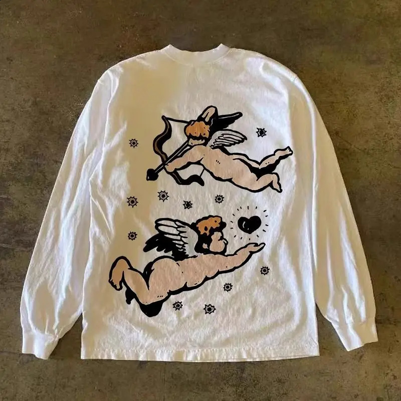 Pure Cotton Im OK Graffiti Pattern Printed Round Neck T-shirts for Men Trendy Y2k Spring Casual Thin Long Sleeved Couple Tops 240820