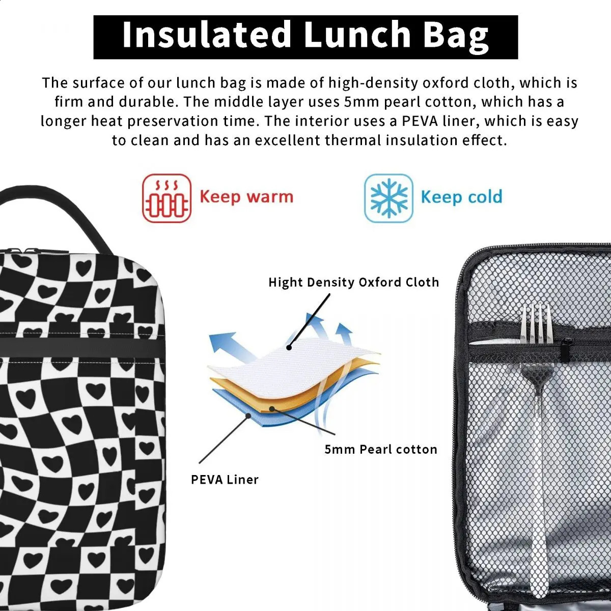 Lunch Bag Hearts Check Print Portable Lunch Box Black And White School Cooler Bag Retro Oxford Thermal Lunch Bags 240819