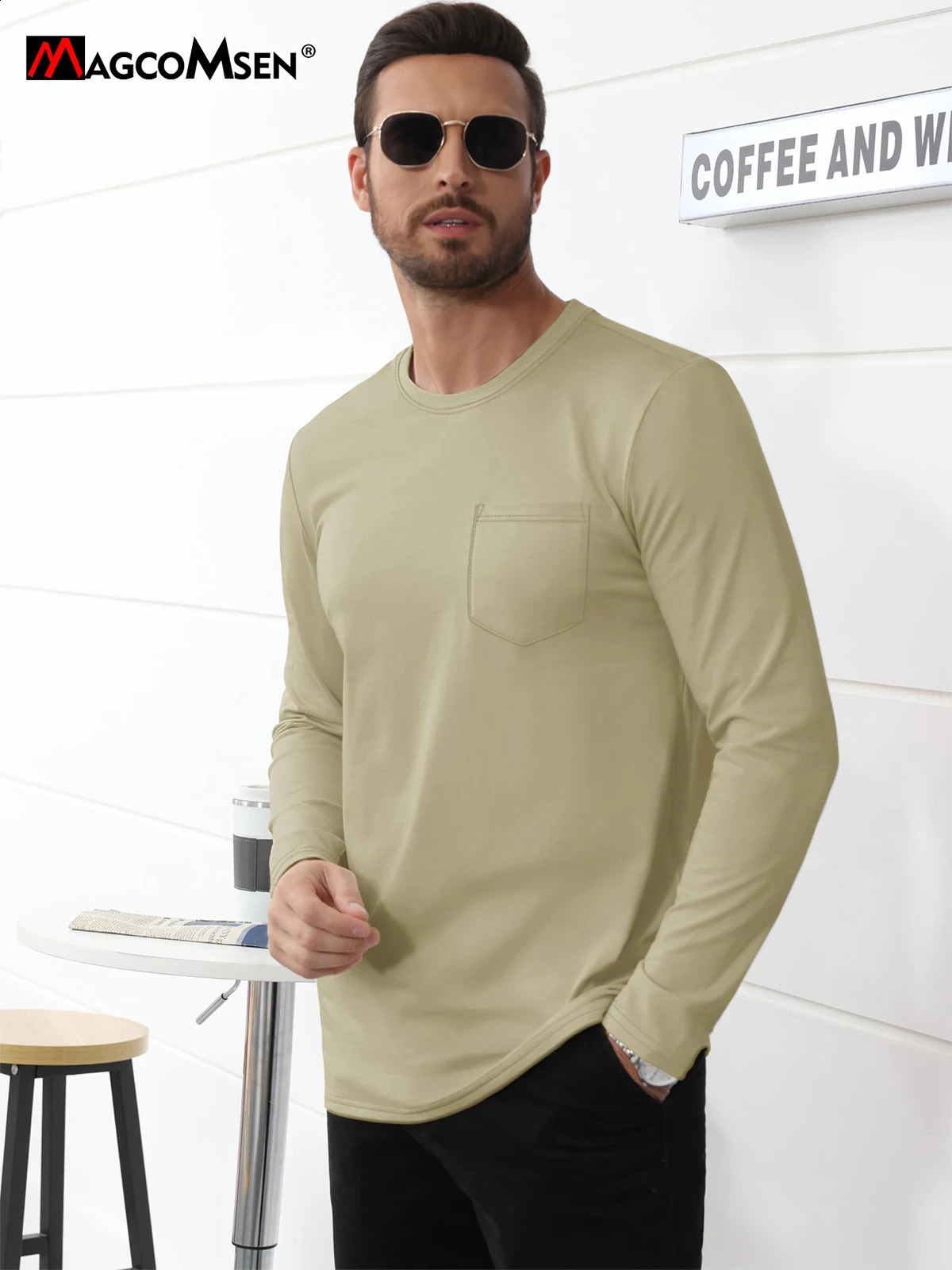 MAGCOMSEN Cotton Long Sleeve T-shirt Mens Crew Neck Shirt with Chest Pocket Lightweight Daily Casual Top Soft Work Shirt 240820