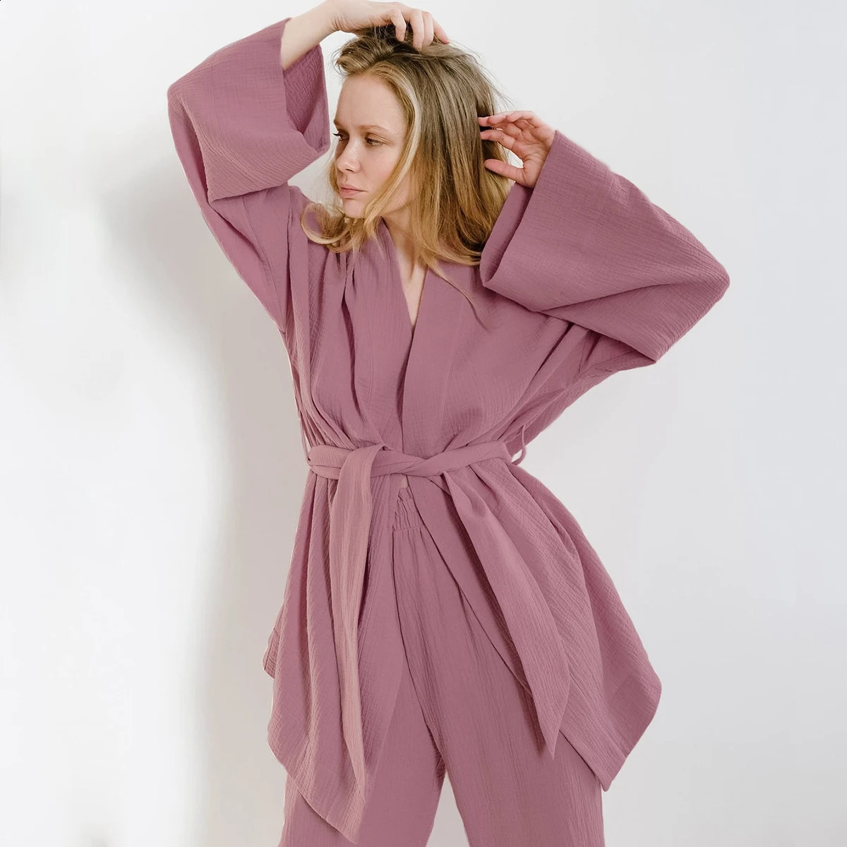 Casual Lace Up Long Sleeve Cardigan Tops Suits High Waist Wide-leg Pants Nightgown Sets Loose Pajama Women Homewear 2 Piece Sets 240819