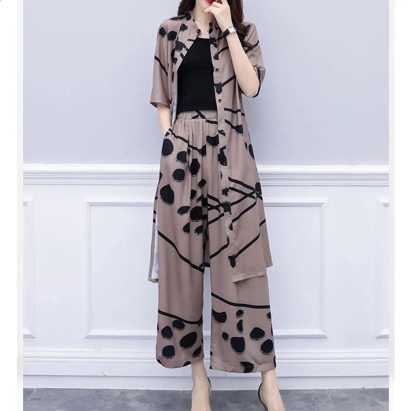 Vintage Fashion Female Single-breasted Cardigan Top Half Sleeve Printed Two Piece Set Casual Wide Leg Pants Sets Womens Clothing 240819