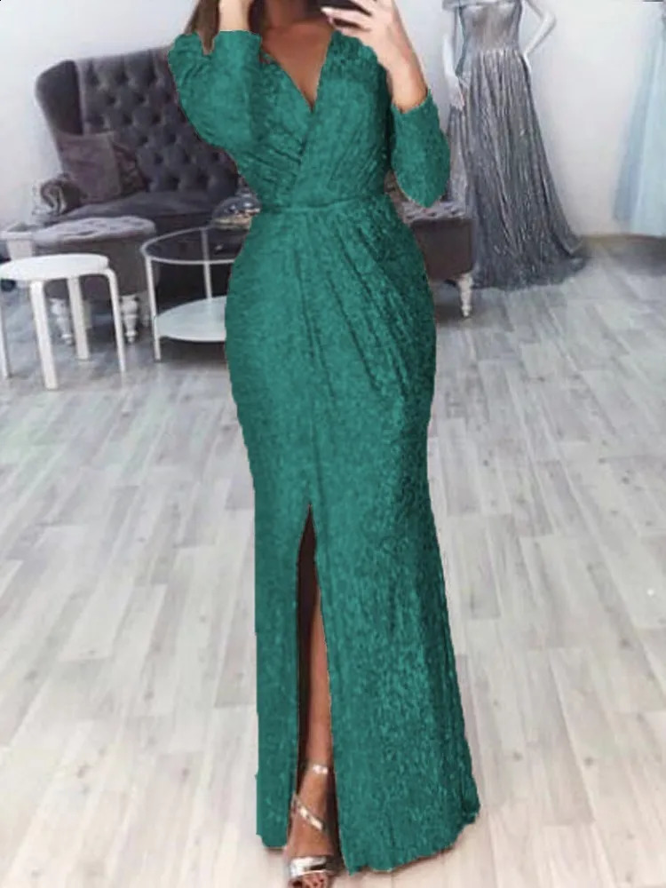 Autumn Winter Womens Dress Sequin V-neck Long Sleeved Waist Sexy Split High End Casual Fashion Elegant Dress Womens Dress 240819