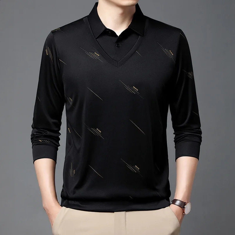 Spring and Autumn Mens Pullover Lapel Button Solid Letter Print Long Sleeve Tee T-shirt Polo Bottom Fashion Casual Formal Tops 240820