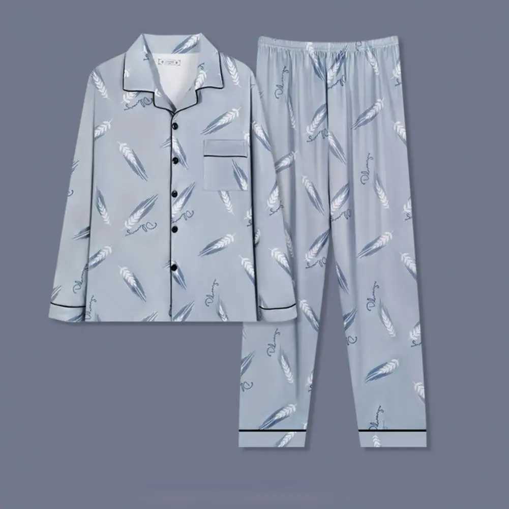 Long sleeved printed family lounge clothing fashionable mens spring/autumn pajamas set with lapel long sleevesW240719