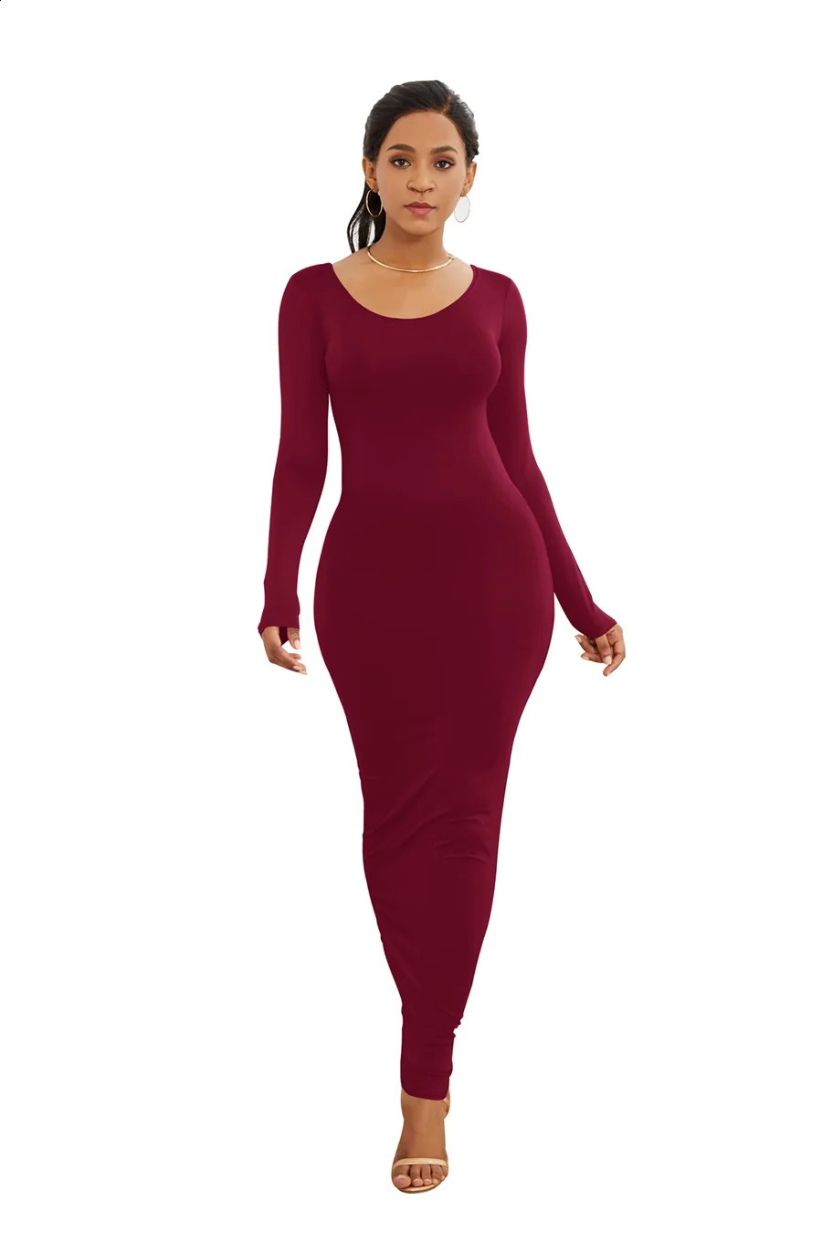 Long Dress Women Sexy Maxi Party Dress Casual Long Sleeve Solid Bodycon Dress High Stretch Slim Vestidos 240819