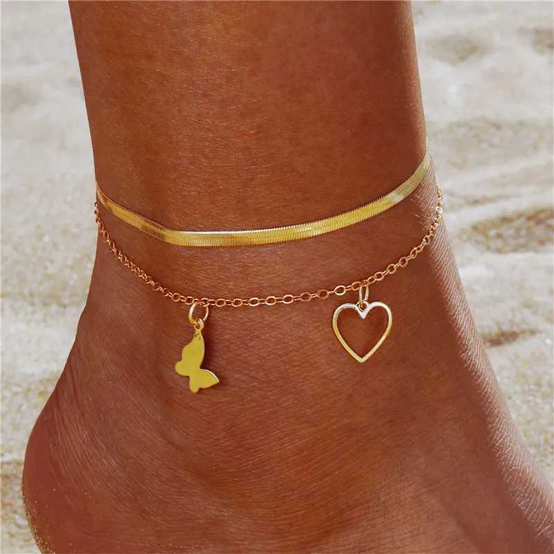 Bohemian zircon butterfly snake hollow pendant anklet womens summer beach gold multi-layer anklet bracelet womens leg chain W240815