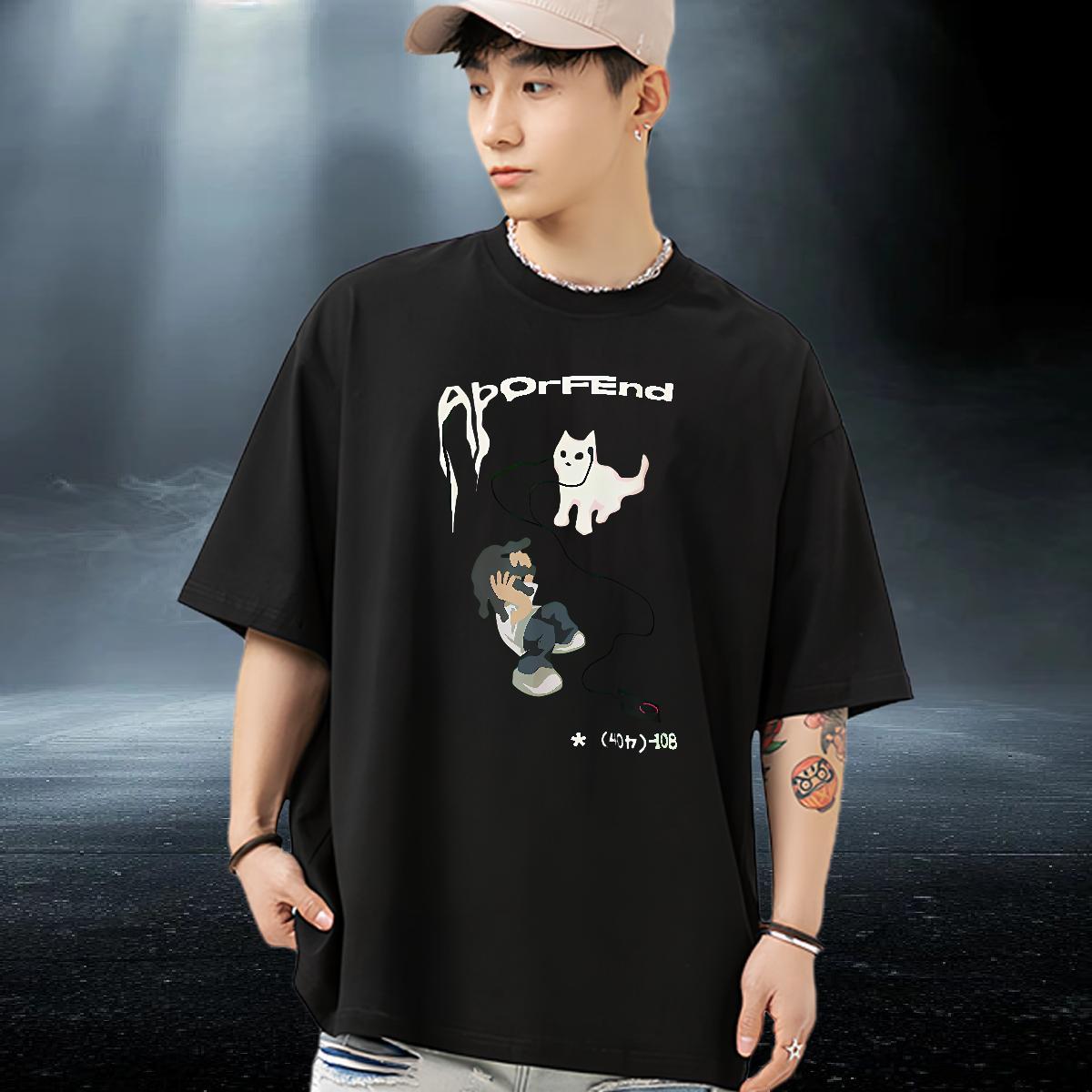 Wholesale Tshirts cat Daily Outfit 230g 100% Cotton Tops Shirt Pure Cotton Brand T Shirt For Man Black White