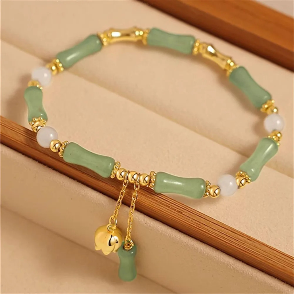 Natural Green Aventurine Bamboo Knot Hetian Jade Women Bracelet Ins Niche n Chinestyle Bell Orchid Charm bijoux 240813