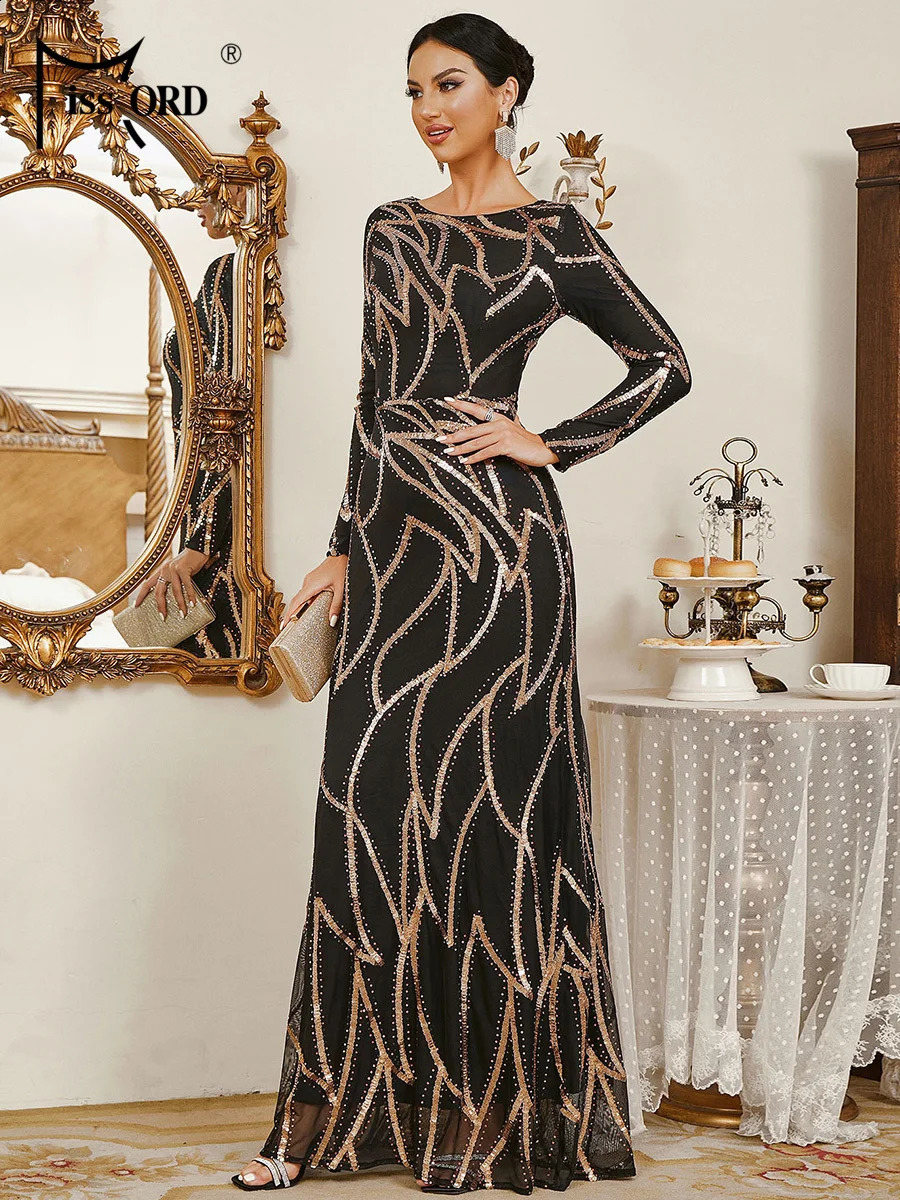 Missord Sequin Round Neck Long Sleeved Maxi Evening Gown Prom Party Dress 240819