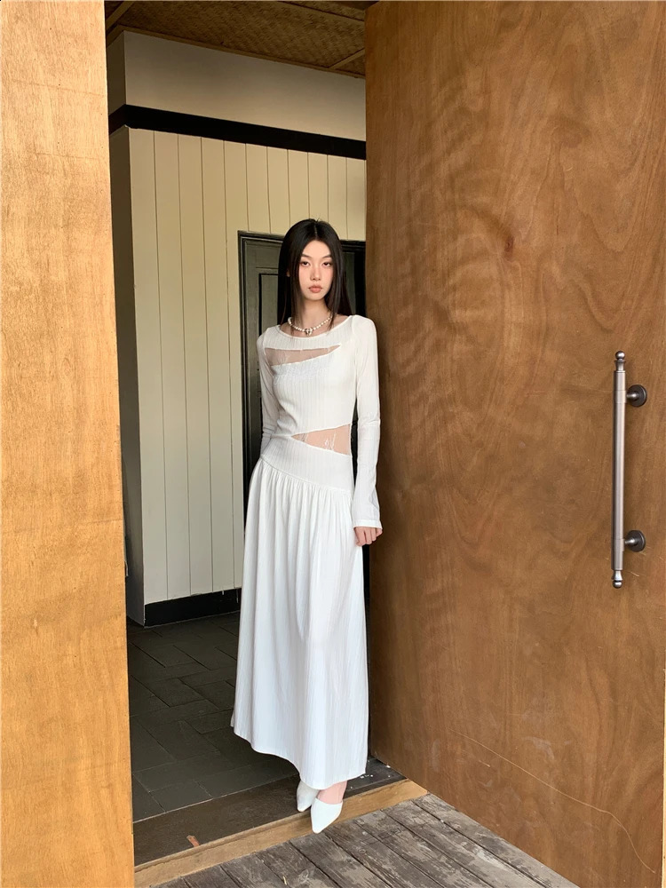 Lace White Long Dress WomenS Spring And Autumn Style High-End Sense Spliced Waist Exposed Slim Fit Temperament Dress 240819