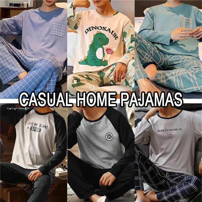 Mens plus size sleepwear set solid round neck knitted cotton sleepwear set mens 4xl sleepwear autumn casual mens sleepwearW240719