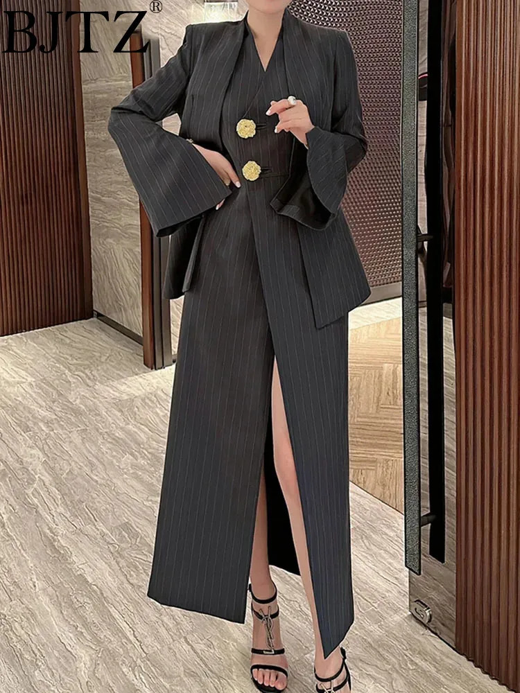 BJTZ Womens 2piece Fashion Stripe Set Jacket Vneck Sleeveless Single Chest Seam Dress Spring Clothing 240819