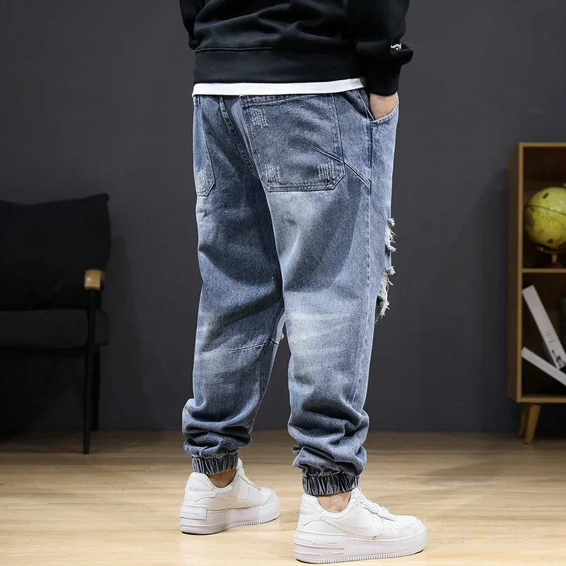 Large size jeans autumn winter section jeans men stretch elastic men high waist plus size hole trousers 8XL 7XL ripped jeans 240819
