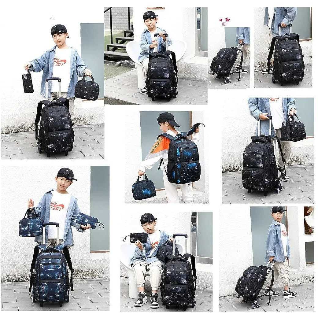 Kids School Bag with Wheels Rolling Backpack for Boy Wheeled School Bag Wheels Trolley Bookbag Carry on Luggage with Lunch Bag Y240820