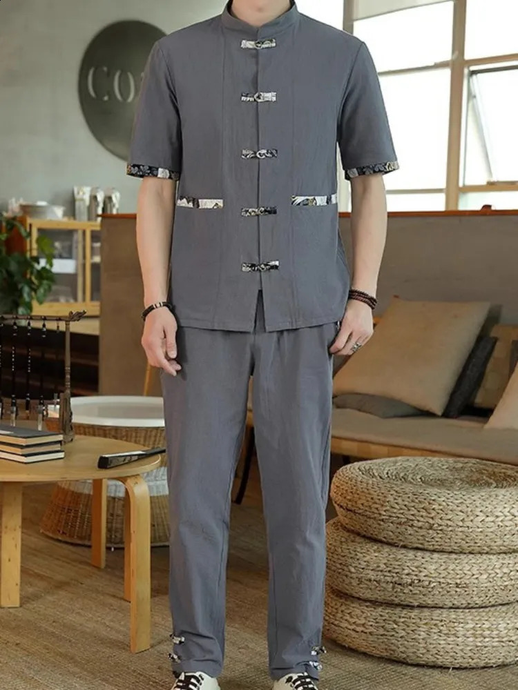 ShirtsPants summer chinese style elastic waist Cardigan Mens set Casual Sets Male Fashion trousers and shirt men size M-5XL 240819