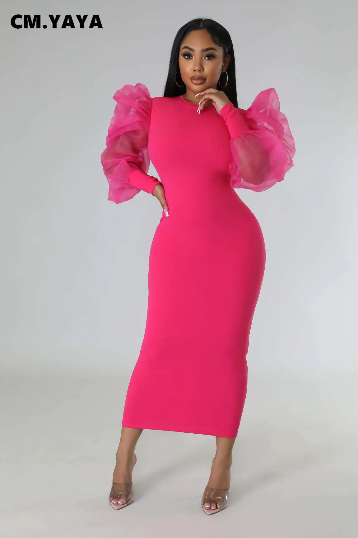 CM.YAYA Women Mesh Puff Long Sleeve O-neck Bodycon Midi Maxi Long Dress Vestidos Vintage Club Evening Sexy Party Dresses 240819
