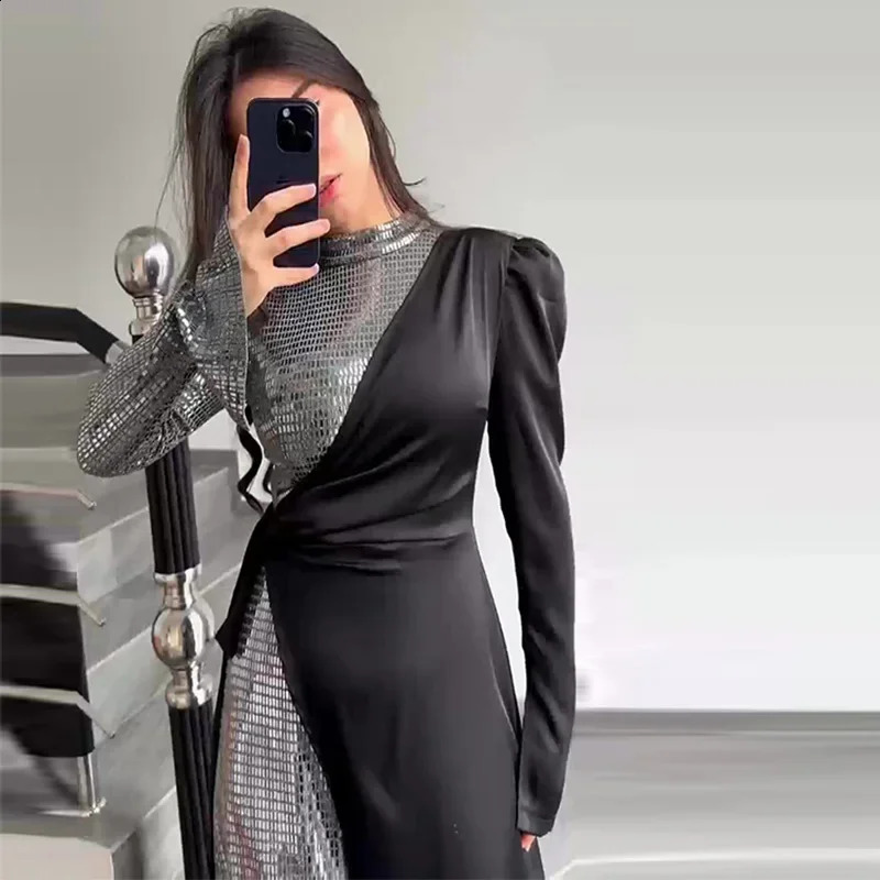 Fashion Sequin Patchwork Dresses For Women Spring Autumn Ladies Slim Solid Long Sleeve Dress Female Evening Party Vestido 240819