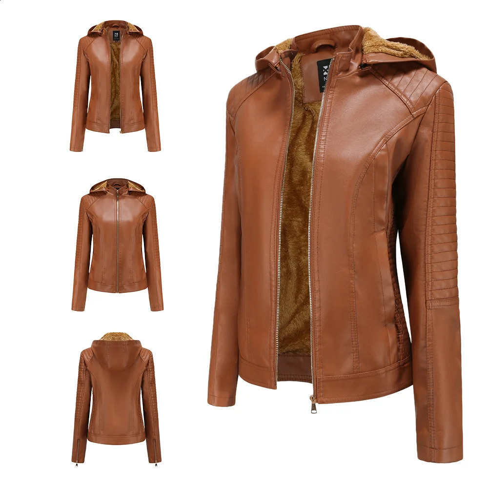 Autumn Winter Womens Plus Velvet Leather Jacket Female Hooded Zipper Casual Warm Coats Womens Windbreak Thicken Outwears 240819