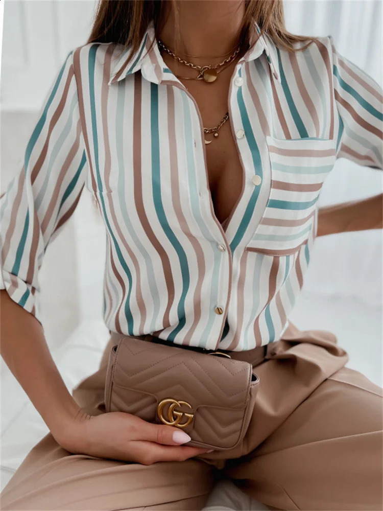 Elegant womens shirt spring/summer warm top long sleeved striped printed office slim fit pocket shirt 240820 ww