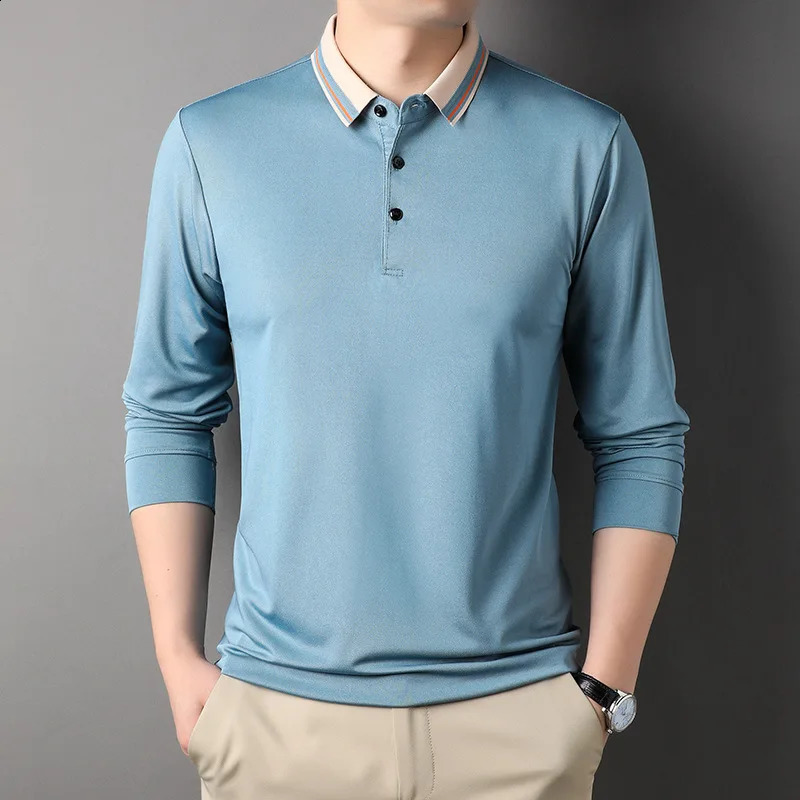 Spring Summer Men Shirts Polo Casual Button Striped Solid Long Sleeve Fashion Turn-down Collar Tee Comfortable Tops 240820