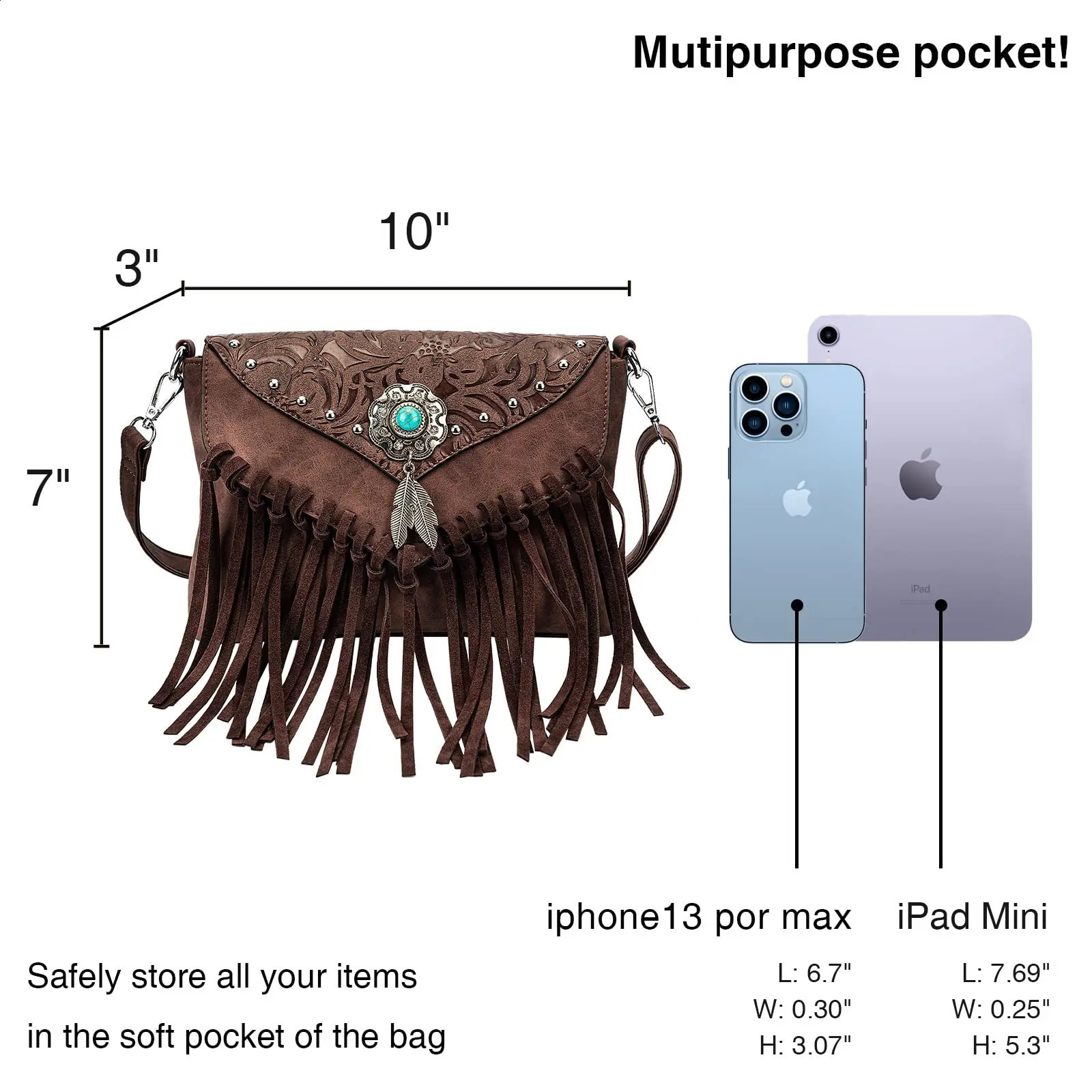 Celela Womens Shoulder Retro Messenger Rivet Tassel er Bag Ethnic Clutch Western Handbag 240918