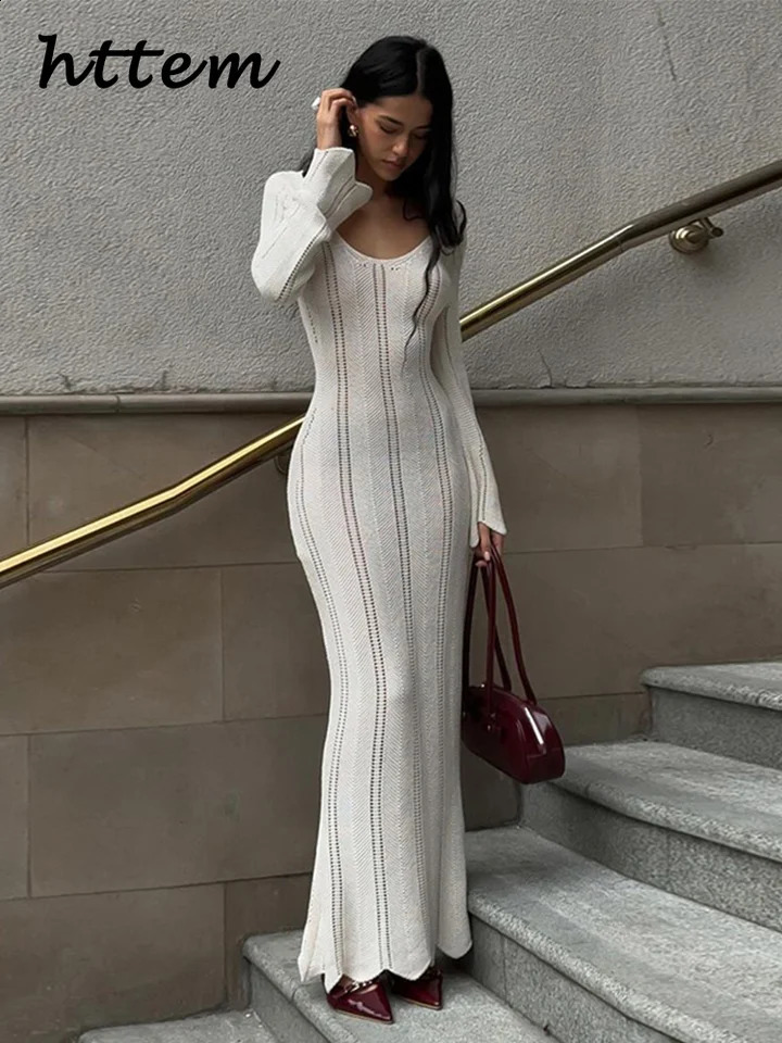 Elegant Knit Hollow Out Long Dress Women Sexy V-neck Flare Sleeve Wave Edge Female Dresses Autumn Lady Vacation Robes 240819