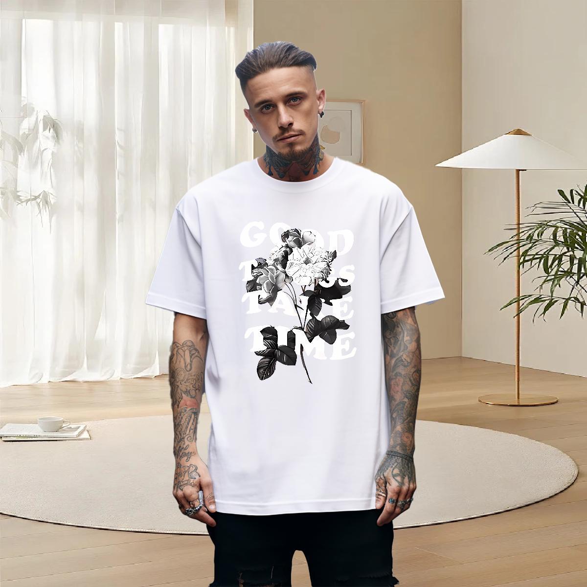 Free Shipping Mens Tshirts Street Wear 230g 100% Cotton Graphic Breathable Crew Neck flower T Shirts Men Classic Casual Tops Shirt