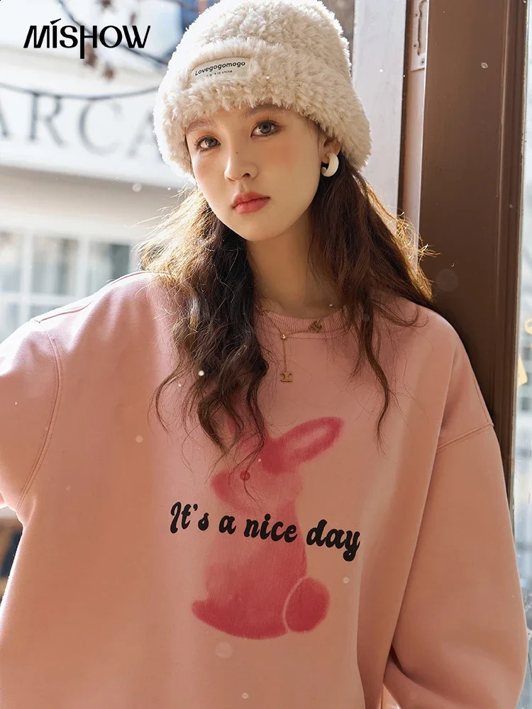 MISHOW Pink Rabbit Printed Womens Oversized Sports Shirt Autumn Winter Fashion Casual Loose ONeck Thick Top MXC53V0072 240819