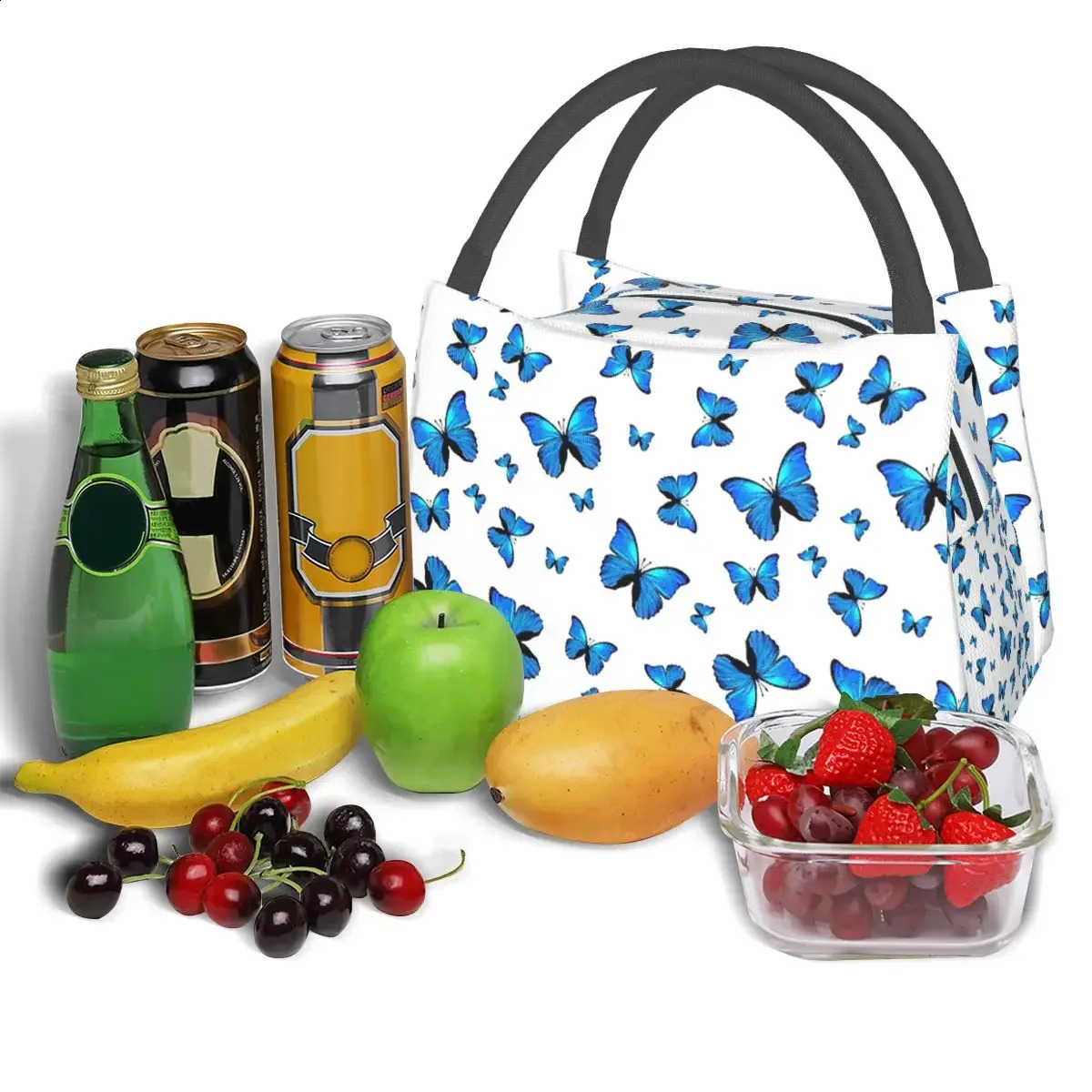 Blue Butterflies Print Lunch Bags Insulated Bento Box Portable Lunch Tote Picnic Bags Cooler Thermal Bag for Woman School 240819