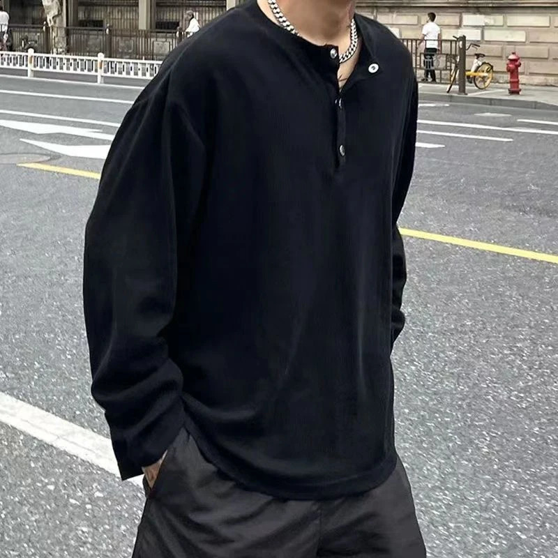 Autumn Winter Pleated Texture Long Sleeve Men T Shirt Buttons Fashion Casual Business Keep Warm 2xl Oversized Pullover Top White 240820