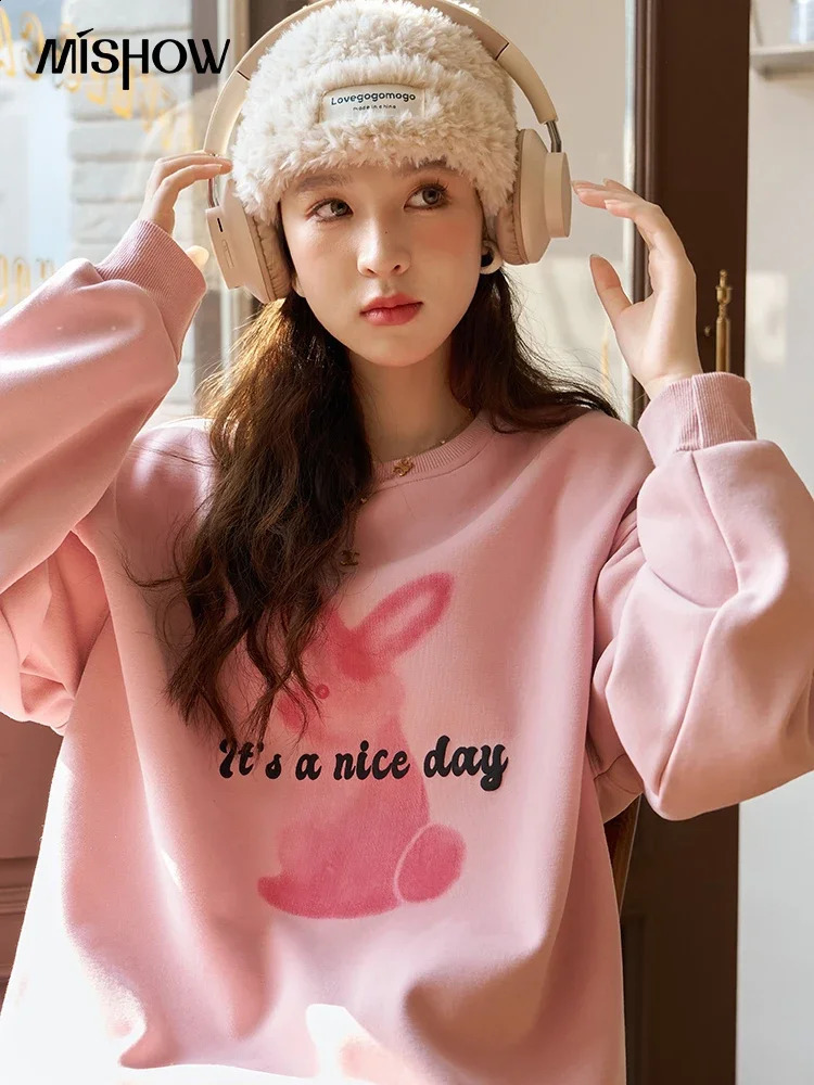 MISHOW Pink Rabbit Printed Womens Oversized Sports Shirt Autumn Winter Fashion Casual Loose ONeck Thick Top MXC53V0072 240819