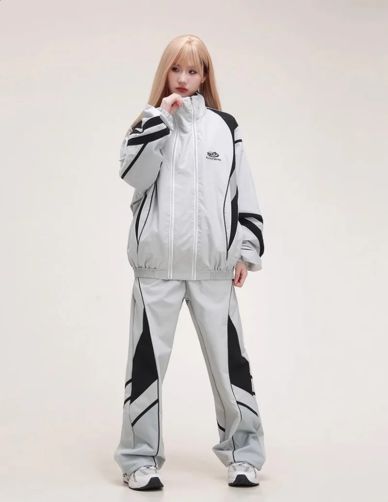 2piece American style High Street Sports Wear womens color matching jacket sports pants Hip Hop Dance Tracksuit set 240819