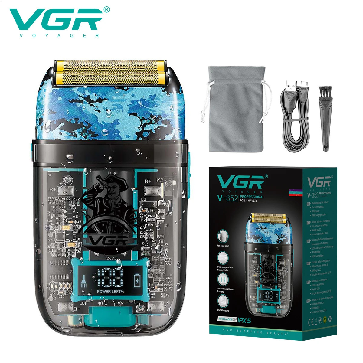 VGR Electric Shaver Hair Trimmer Machine Foil Beard Trimmer Professional Bald Razor Waterproof Rechargeable Shaver for Men V-352 241119