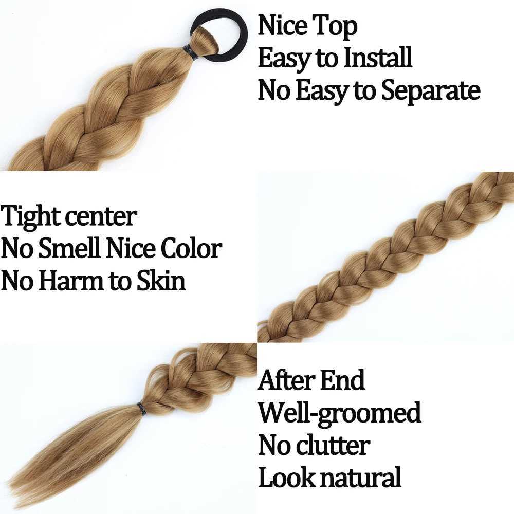 MISSQUEEN 24 inch synthetic long straight braided ponytail hair extension with rubber band black brown ponytail wig W240817