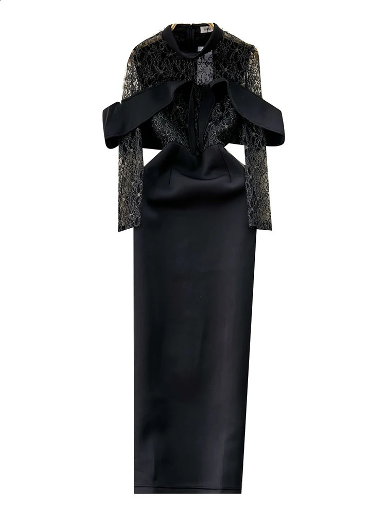 XFPV Female Stand Neck Long Sleeve Dress Lace Patchwork High Waist Hollow Out Elegant Vestidos Fashion Spring Autumn SM9558 240819