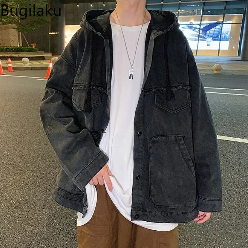 High Street Hooded Denim Jacket mens casual long sleeved jacket Hong Kong style short selling 240809