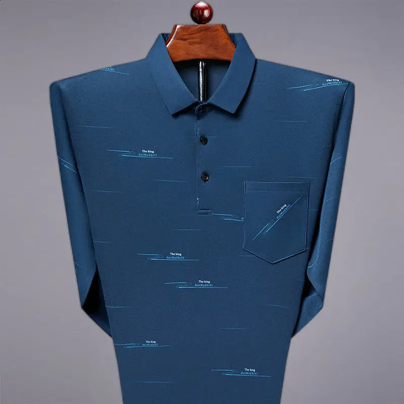 Real Pocket Summer Mens Long Sleeved Lapel with Ice Silk Thin Printed Polo Shirt Loose and Comfortable Casual Bottom Top 240820