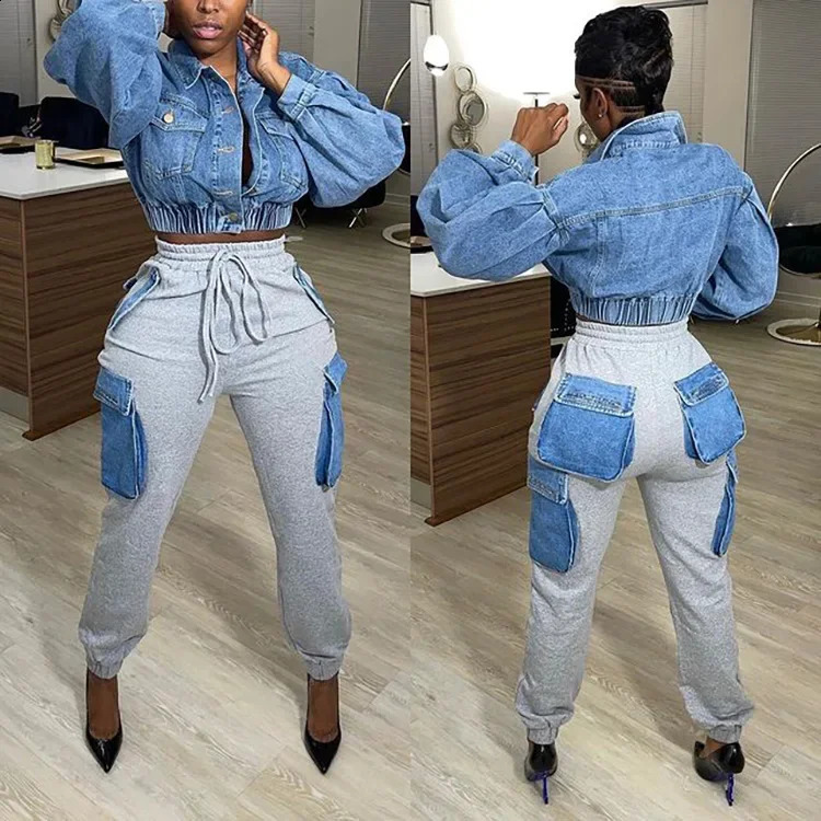 Women Streetwear Fashion Multi Denim Pocket Jogger Pants Autumn Winter Safari Style Cargo Sweatpants Trousers 240819