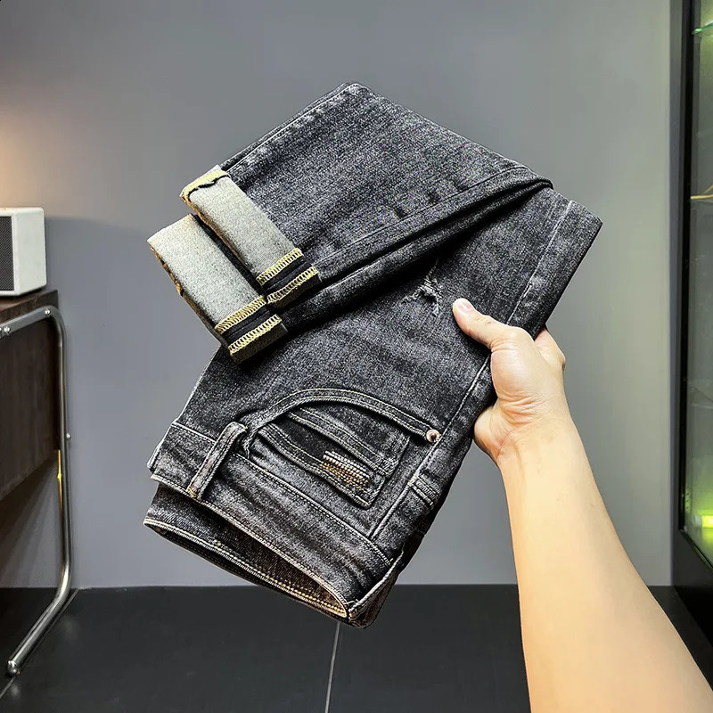 Autumn and winter black gray jeans men fashion holes denim casual Stretch Slim Fit Ankle tight trousers 240819