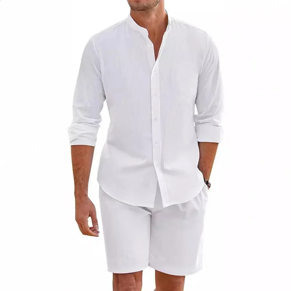 2 Pcs Sets Mens Summer Cotton Linen Shirt and Shorts Cardigan Simple Casual Beach Shirts Comfortable Hawaii Wear i240819
