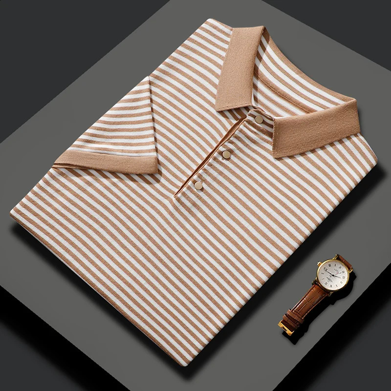 MVLYFLRT Mens T-shirt Summer Silk Short Sleeve Fashion POLO Collar Striped Tank Top Casual Large Top 240820