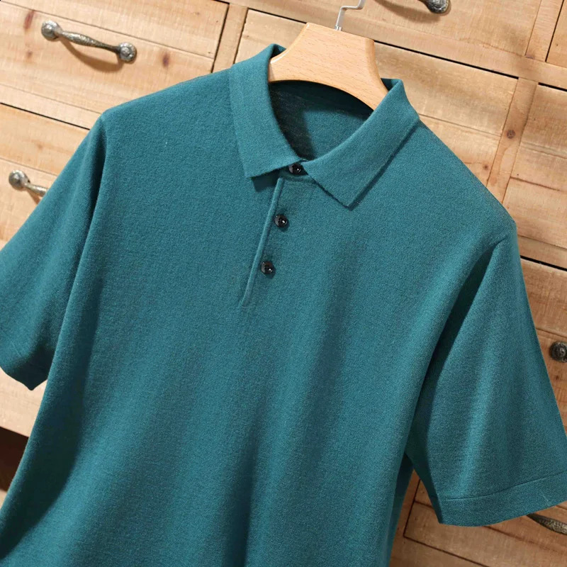 Summer 100% merino wool mens lapel pullover short sleeve POLO neck sweater loose top business casual knit T-shirt 240820